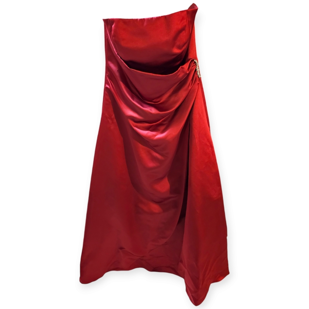 David's Bridal Strapless Draped Satin Prom Gown w/ Rhinestone Detail at …